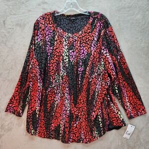 Calessa Tunic Womens 1X Red Animal Burnout Velvet Long Sleeve Top Artsy Boho New